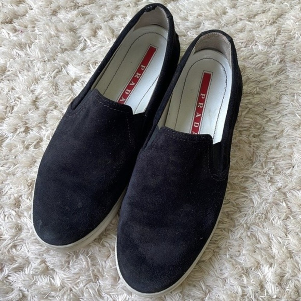 Prada black suede slip ons size 37 US7